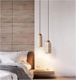 Suspension LED en travertin et noyer – Design géométrique rond ou carré pour salon, chambre et salle à manger (110–240 V) – Image 4