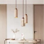 Suspension LED en travertin et noyer – Design géométrique rond ou carré pour salon, chambre et salle à manger (110–240 V)